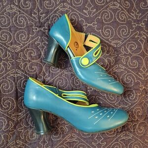 John Fluevog Blue and Lime Heels